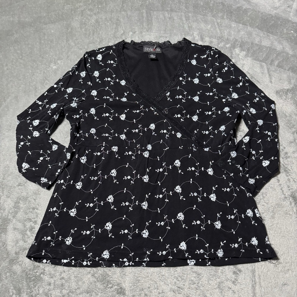 VTG 90s Style & Co‎ Floral Crossover Blouse Size L Grunge Whimsygoth Goth